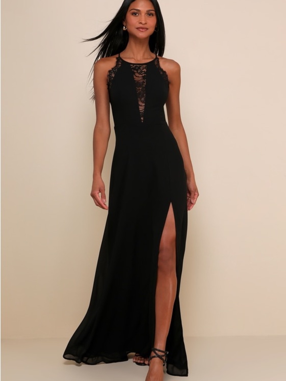 Lulus Romantic Mood Black Lace Sleeveless Maxi Dress NWT sz Lg